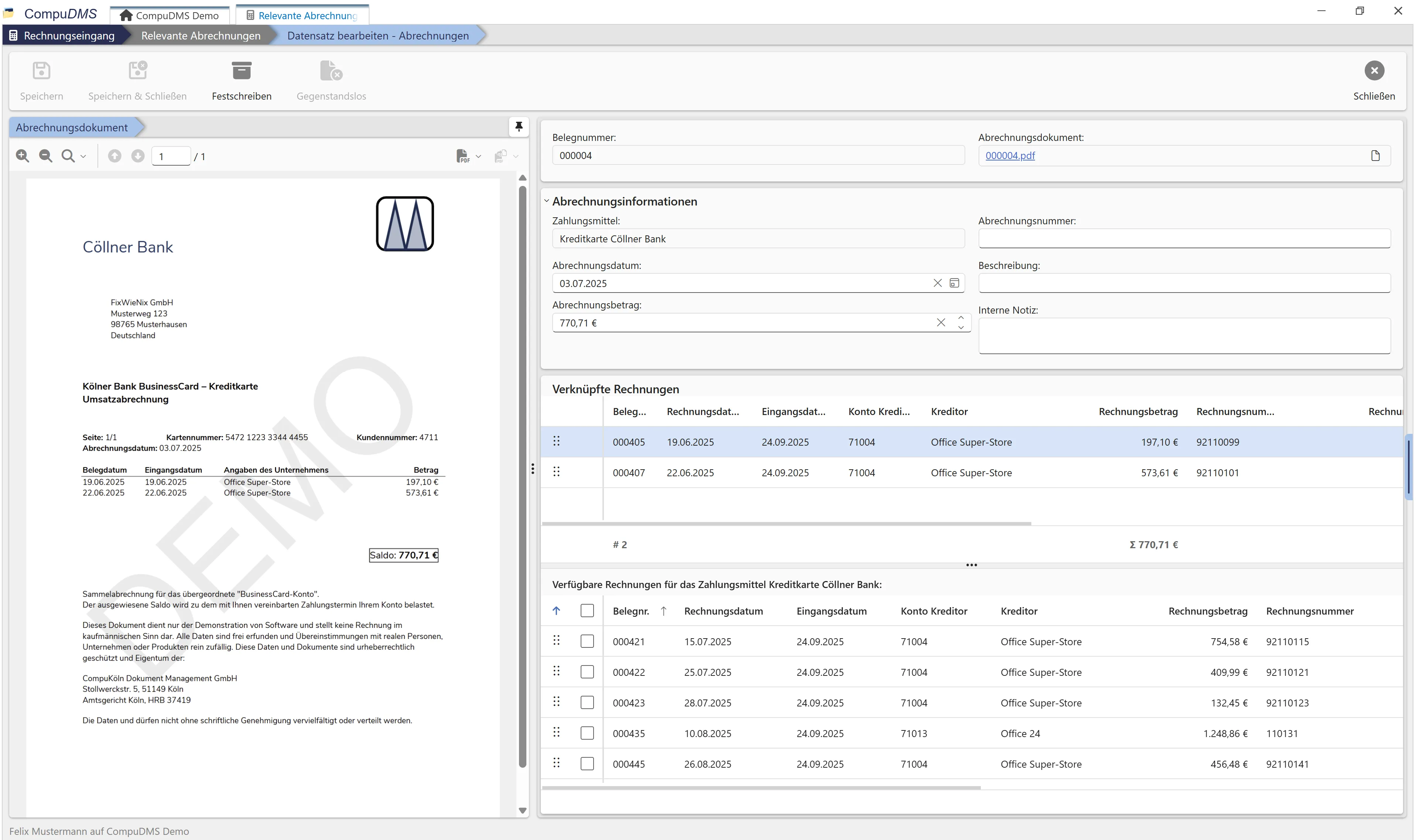 CompuDMS Kreditkartenanrechnung Dialog