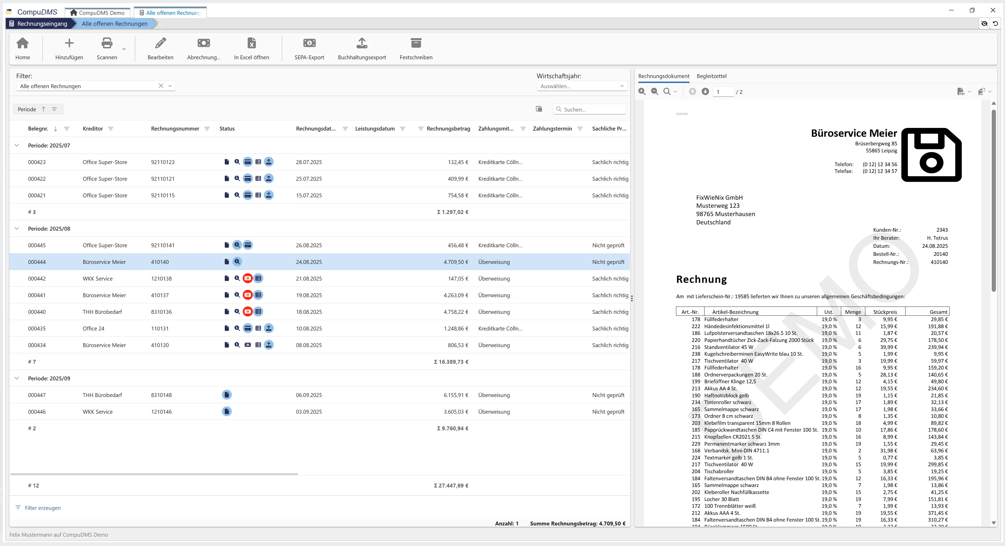 CompuDMS Rechnungseingang Übersicht