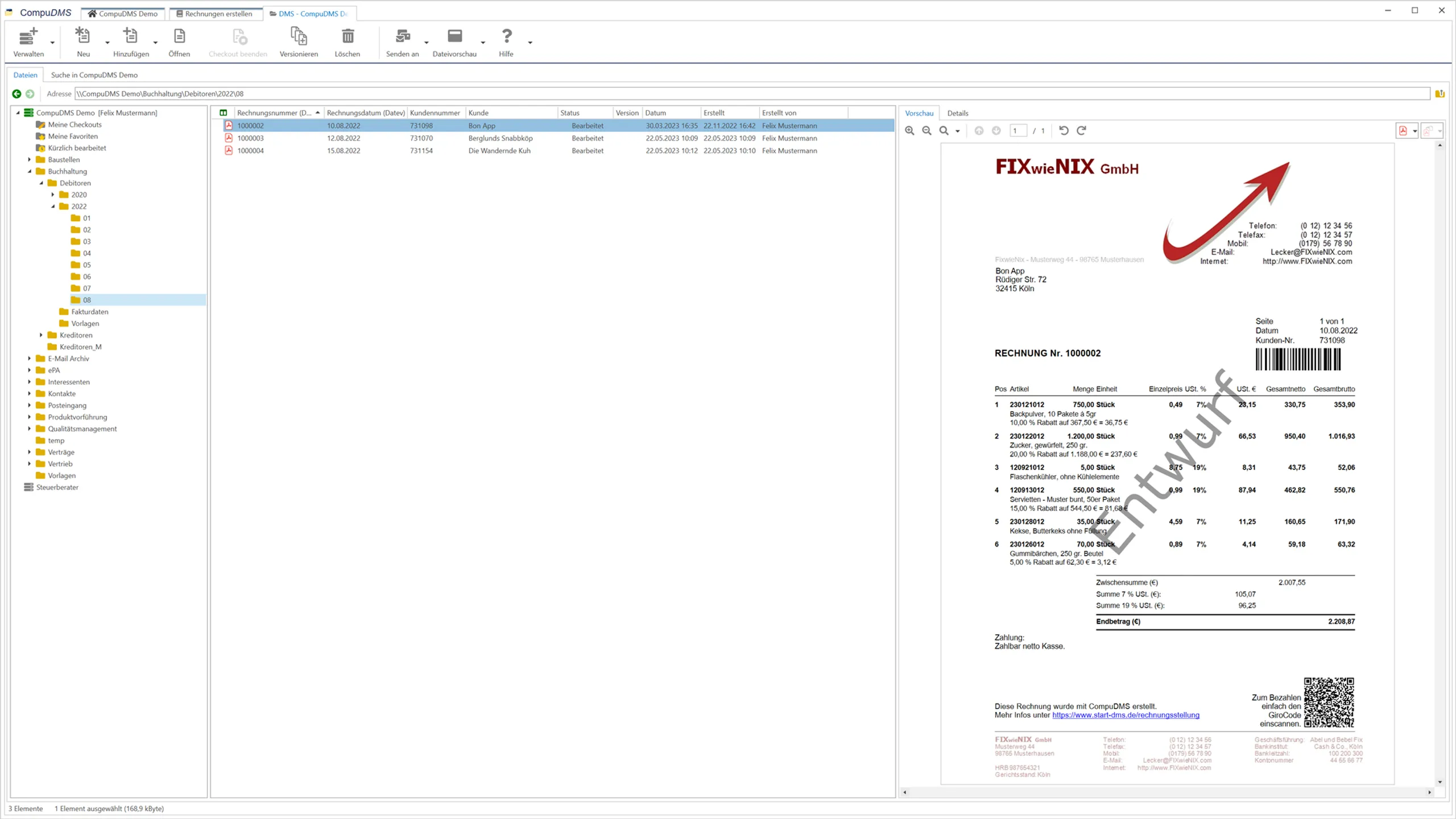 Screenshot CompuDMS Rechnungsstellung GoBD konform