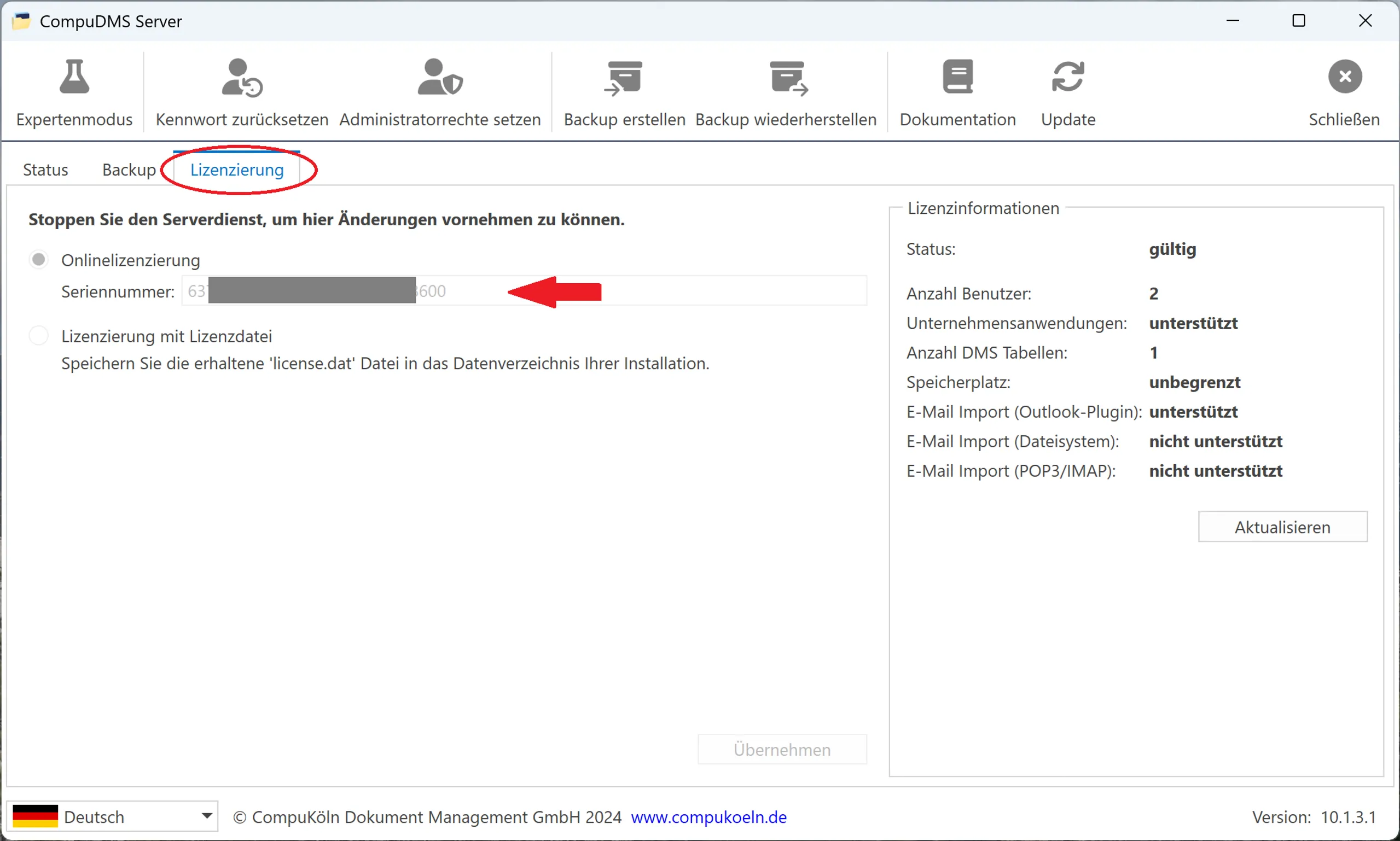 Screenshot CompuDMS-Seriennummer