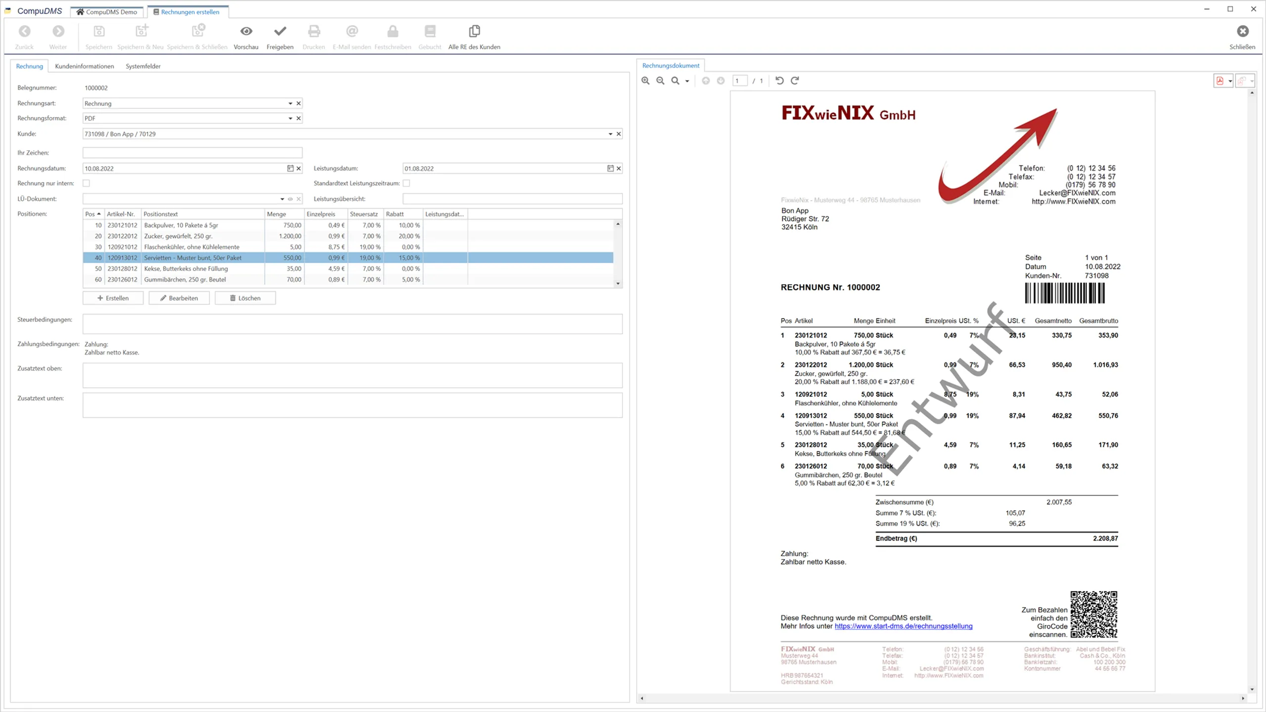 Screenshot CompuDMS Rechnungsstellung