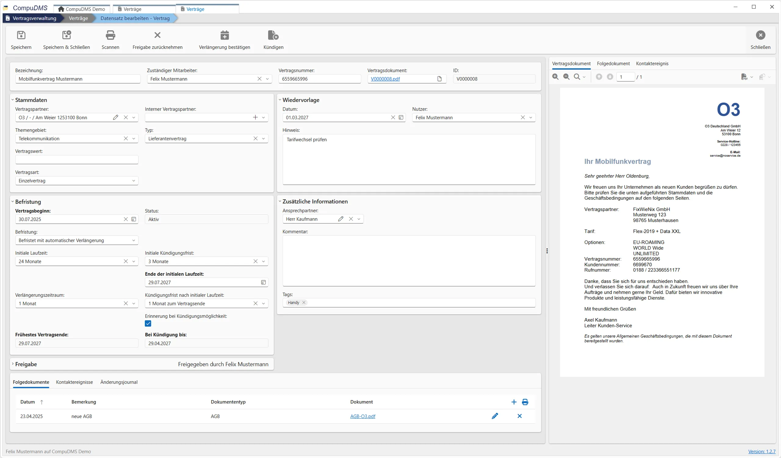 Screenshot CompuDMS Vertragsverwaltung Bearbeitungsdialog