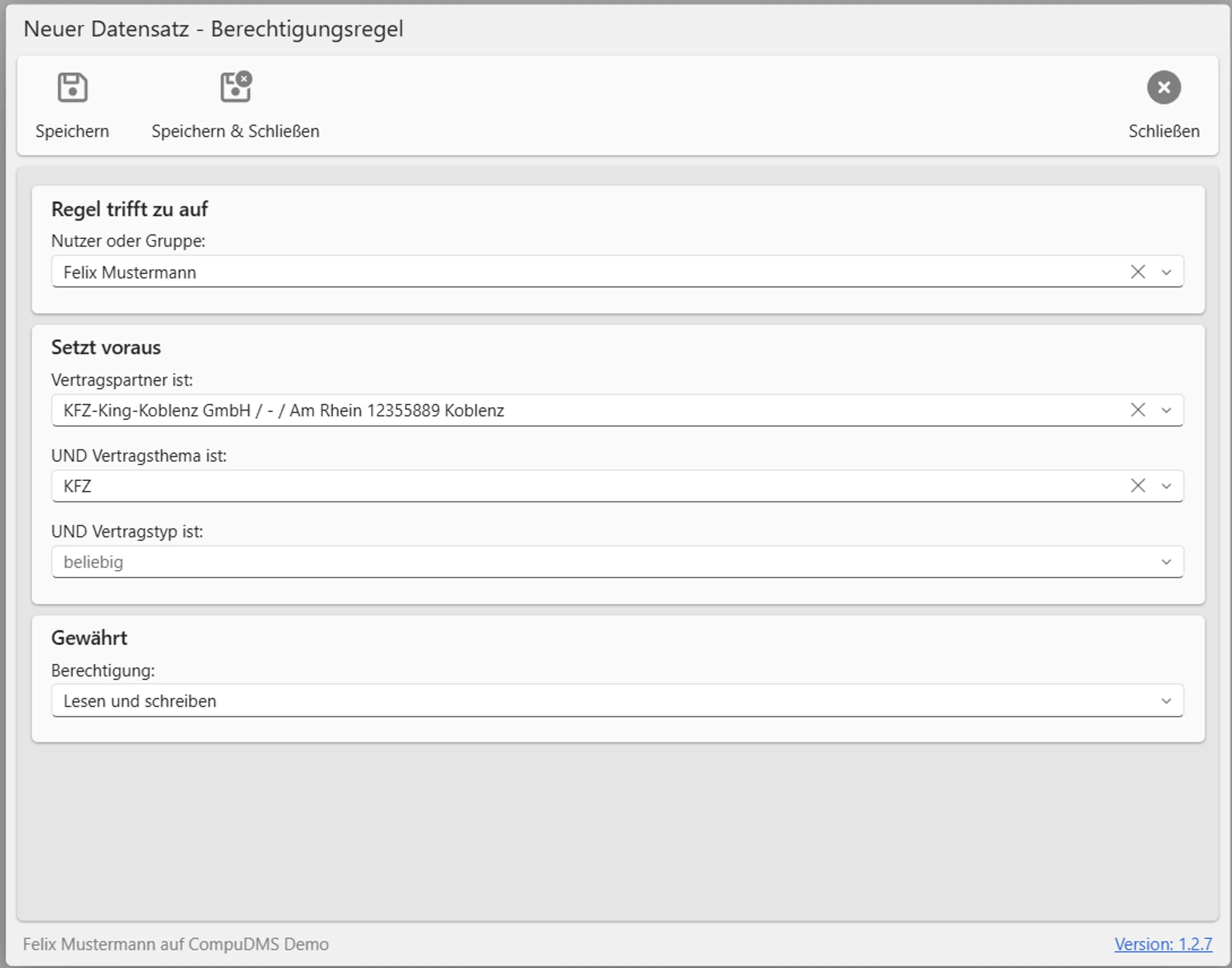 Screenshot CompuDMS Vertragsverwaltung Berechtigungsvergabe
