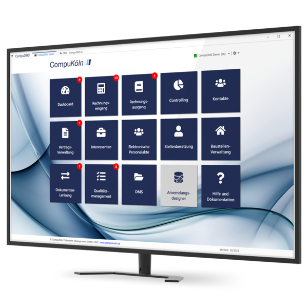 Monitor mit Screenshot des CompuDMS-Startmenüs