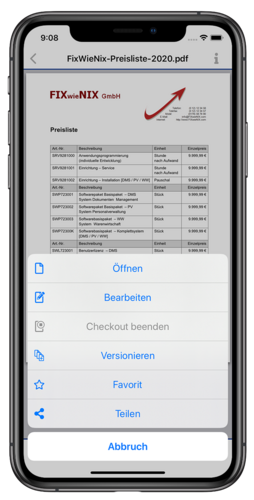 Smartphone mit CompuDMS Mobile: Ansicht Dateioptionen
