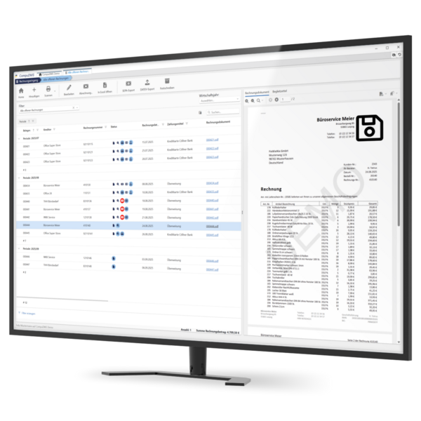Monitor mit CompuDMS: Tabellenansicht Rechnungseingang