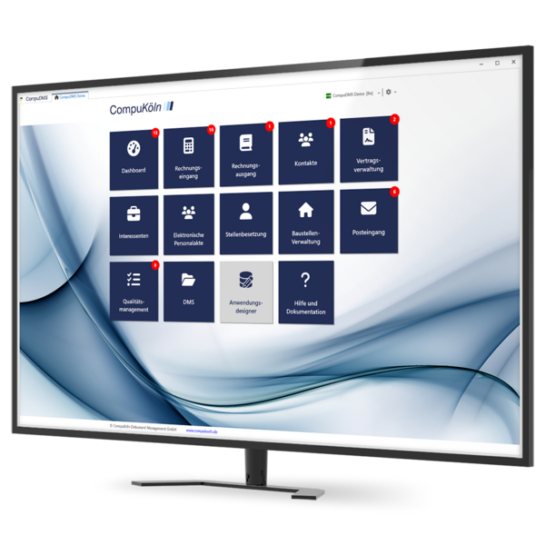 Monitor mit Screenshot des CompuDMS-Startmenüs_Workflowübersicht