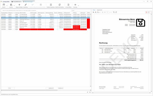 Screenshot CompuDMS-Rechnungseingang Tabellenansicht