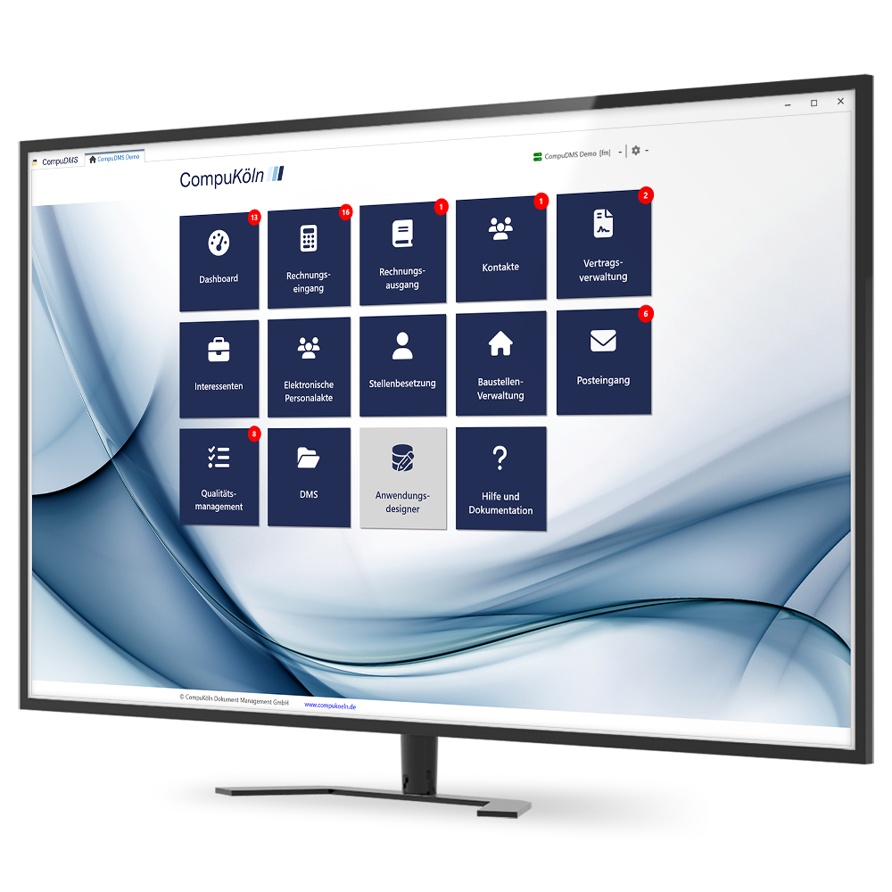 Monitor mit Screenshot des CompuDMS-Startmenüs_Workflowübersicht
