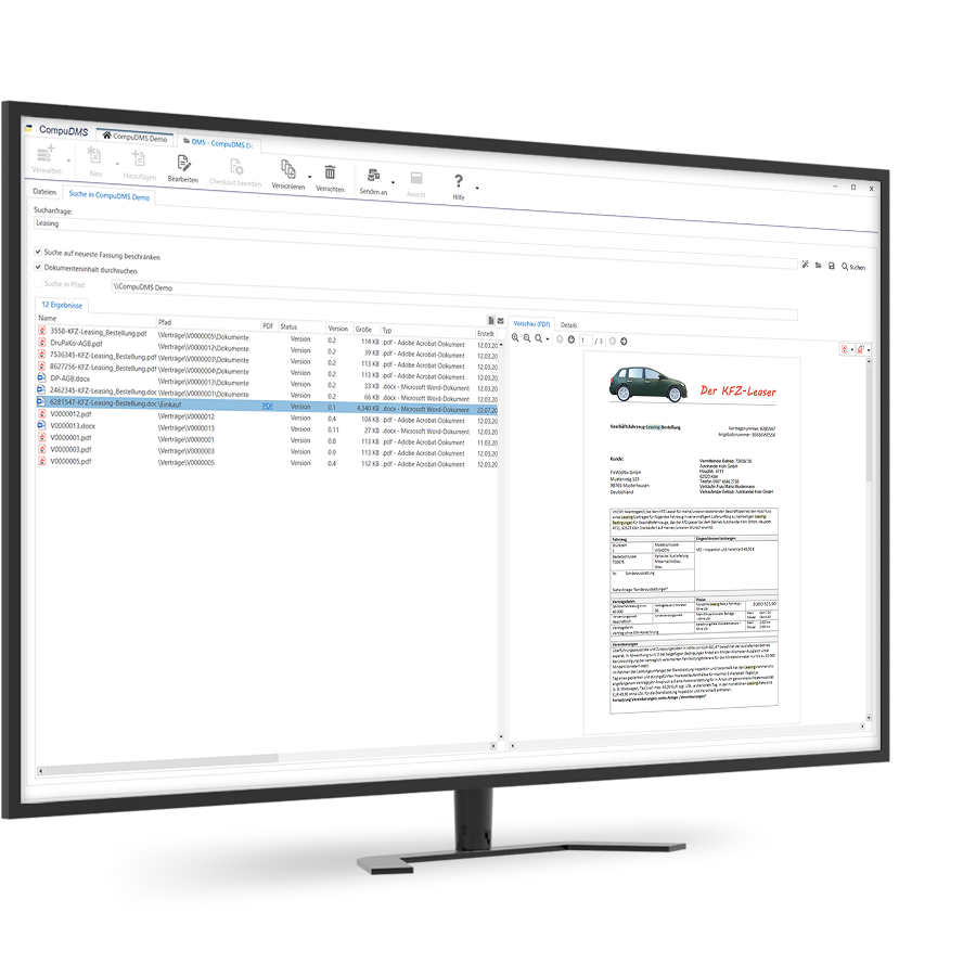 Monitor mit Screenshot: CompuDMS-Volltextsuche
