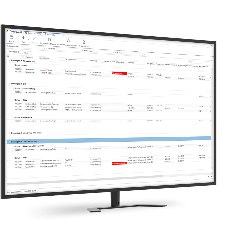 Monitor mit Vertragsübersicht im CompuDMS-Vertragsmanagement