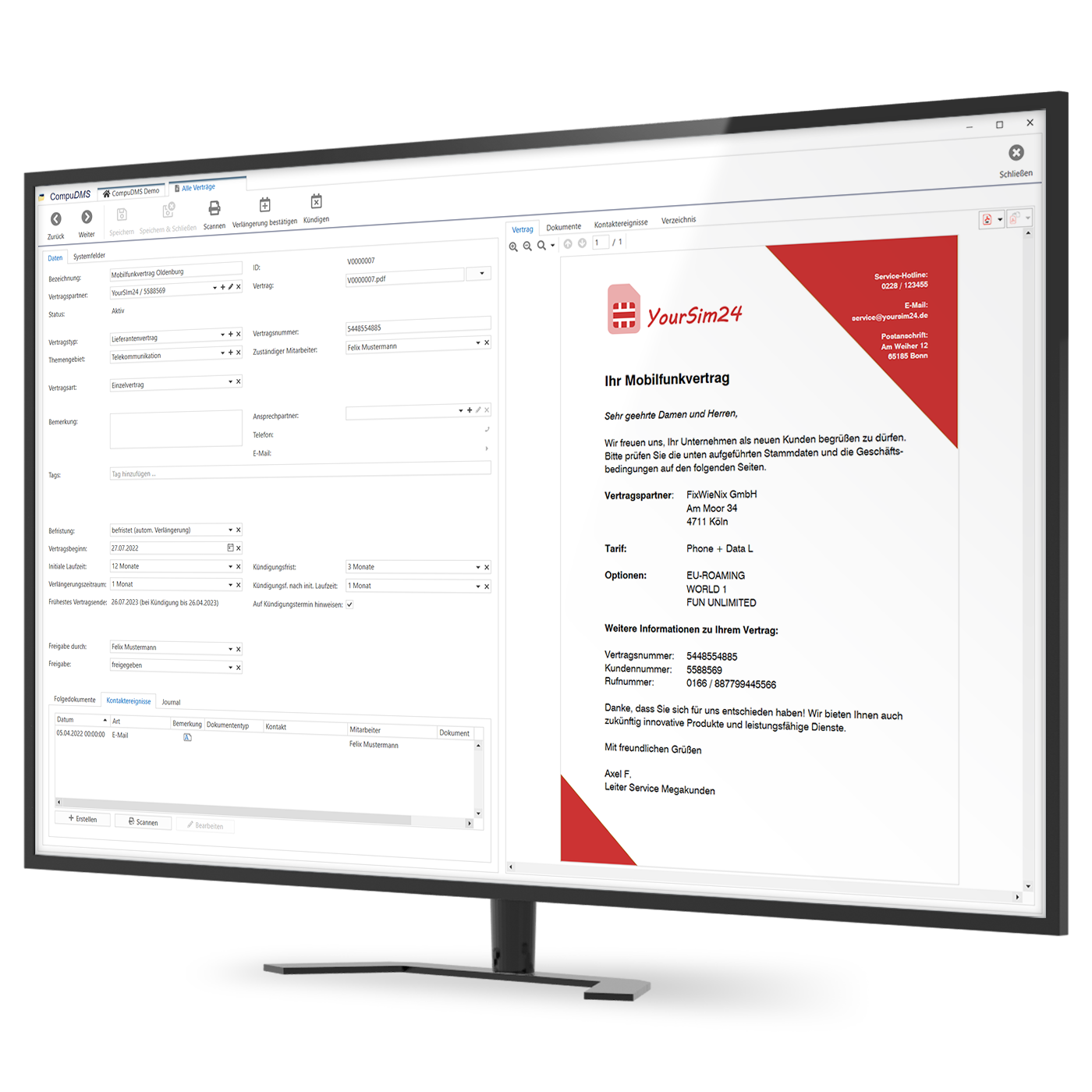 Monitor mit CompuDMS-Vertragsmanagement